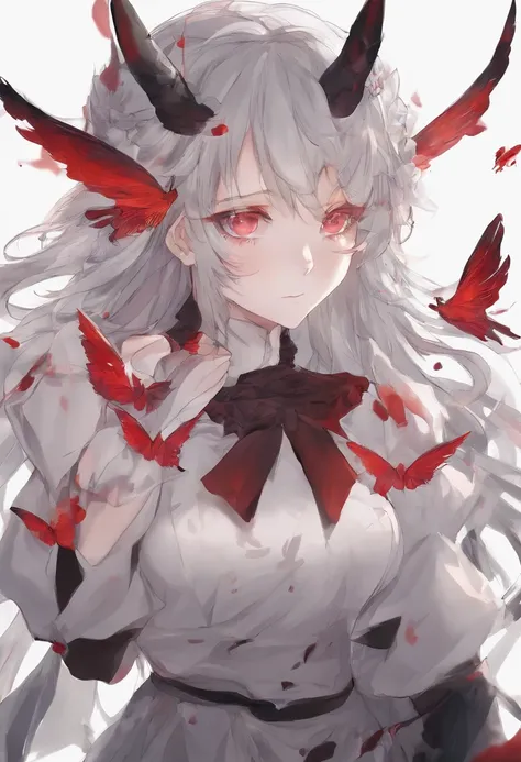 Dull hair, Gray hair，Red Eyes，Long whit hair，demonic horns，Broken maid clothes，Girl body type，Very cute，There are tears in the eyes，Behind it are the Devils Wings，There was a little blood on his body，8K，Hands are not missing，Look into the camera，Empty eyes...