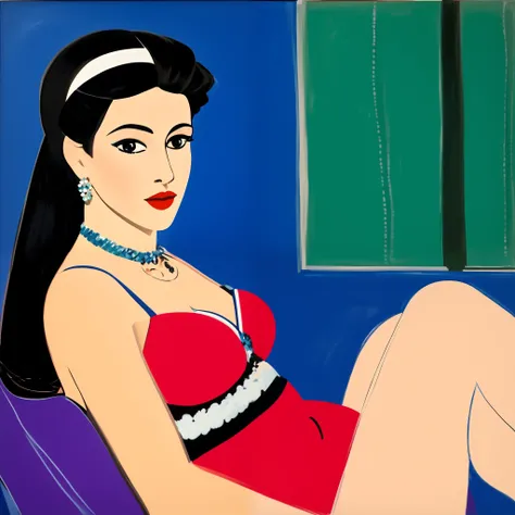 Painting of a woman in a red dress sitting on a blue sofa, inspirado por Tom Wesselmann, por Tom Wesselmann, por Alex Katz, inspirado por Alex Katz, Kiki, por Howard Arkley, Julian Opie, Hecho al estilo de Matisse, Matisse, Martine, inspirado por Yvonne Ja...