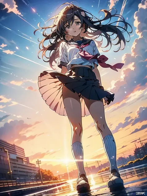 in 8K、top-quality、​masterpiece、ultra-detailliert、Ultra-high resolution、(((Anime style)))、1 High School Girl、校服、School route、heavy wind、Check skirt、Skirt flipping in the wind、Slouched、Skirt suppression、Impatient