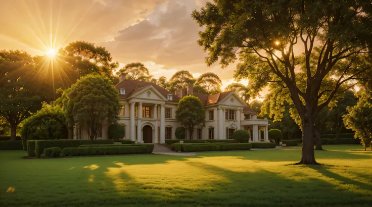 elegant mansion very decorated and greenery, (((photography4k))), (orange sky, afternoon), (((sun rays passing through a tree)))