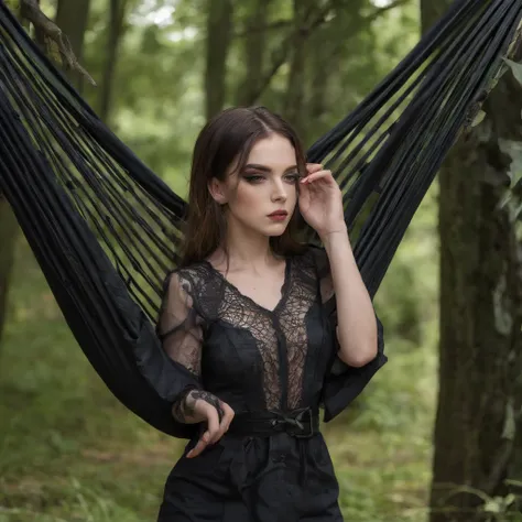 Girl with symbolic clothes of gothic hammock, 。.com (Arame farpado do corpo) cabelos morenos，Extremidades dos cabelos grisalhos