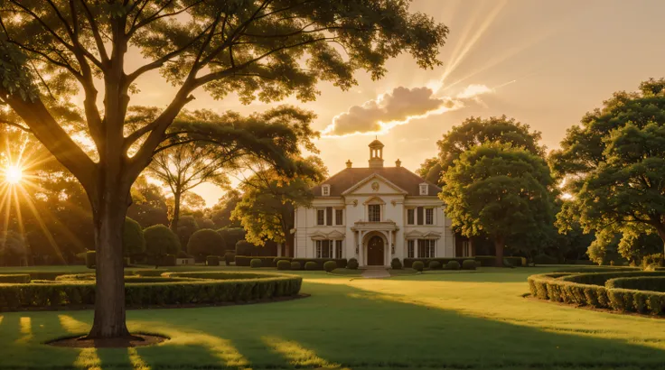 elegant mansion very decorated and greenery, (((photography4k))), (orange sky, afternoon), (((sun rays passing through a tree)))