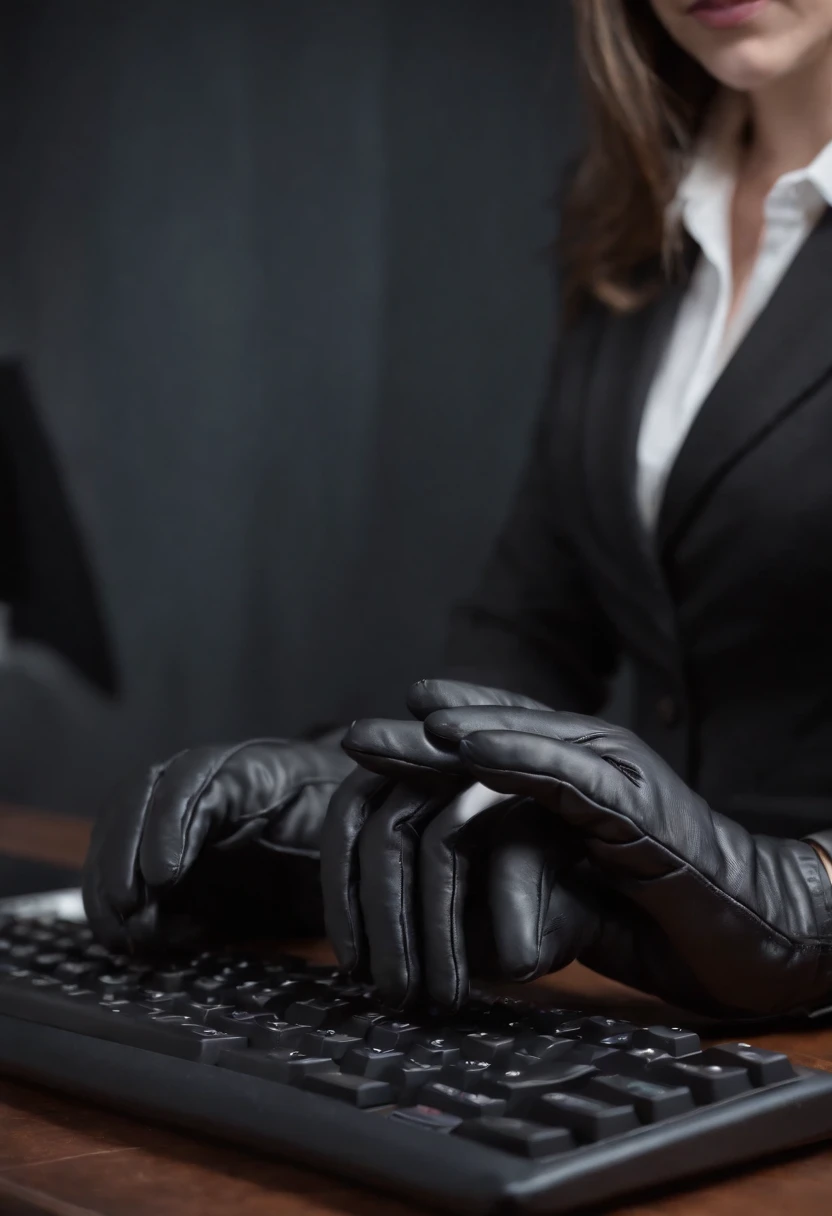 A woman wearing black leather gloves in both hands, upper body, black business suit, facing the desk in her room with a computer in the dark, tapping the keys of the computer keyboard with the fingertips of black leather gloves while looking at the screen ...