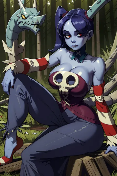 ((masterpiece, high quality, best quality:1.3)), squigly, 1girl, solo, cleavage, bare shoulders, detached sleeves, hair over one eye, red eyes, side ponytail, detached collar, skull, ((blue skin, stitches, zombie:1.3)), striped sleeves, stitched mouth, ext...