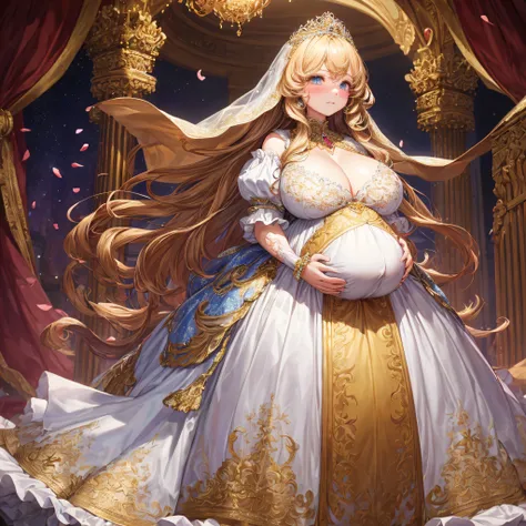 (masterpiece, best quality,extremely detailed:1.1),(moe anime art style:1.2),1girl,((full body,focus face)),((solo)), cute, kawaii,digital art,((1 bling-bling pregnant princess wearing beautiful embroidery and jeweled gorgeous rococo ballgown with jeweled ...