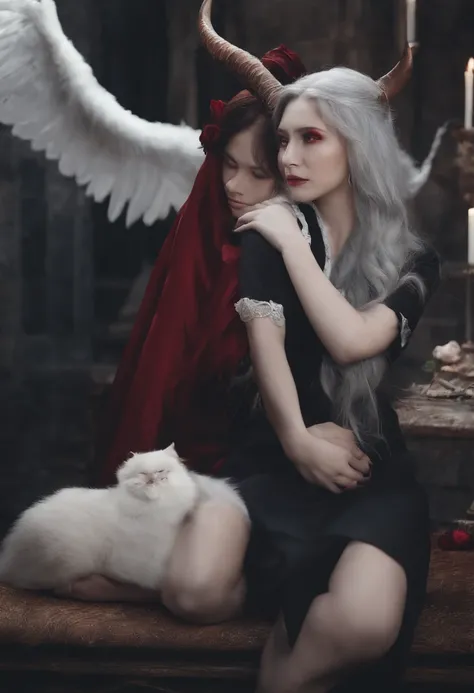 Dull hair, Gray hair，Red Eyes，Long whit hair，demonic horns，Broken maid clothes，Girl body type，Very cute，There are tears in the eyes，Behind it are the Devils Wings，There was a little blood on his body，8K，Hands are not missing，Look into the camera，Empty eyes...