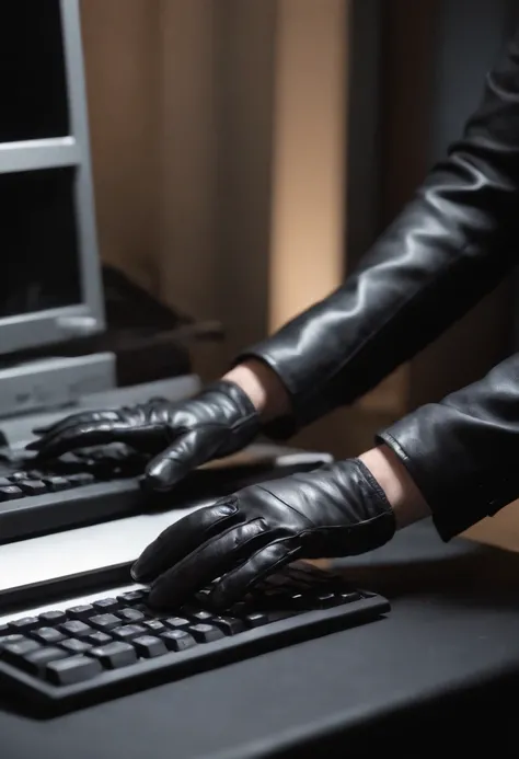 A woman wearing black leather gloves in both hands, upper body, black business suit, facing the desk in her room with a computer in the dark, tapping the keys of the computer keyboard with the fingertips of black leather gloves while looking at the screen ...