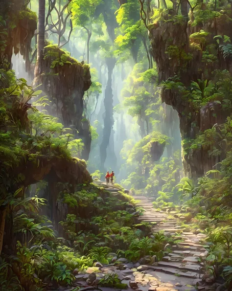 a vivid scene depicting a fearless explorer deep within an ancient, overgrown jungle. as they push through the dense foliage, sh...