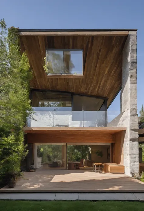 A rustic home nestled in the mountains, built with walls of unprocessed tree logs and a roof of clay tiles. The house exudes a deep connection with the surrounding nature. Wooden logs display natural textures, and climbing plants gently hug the walls. The ...