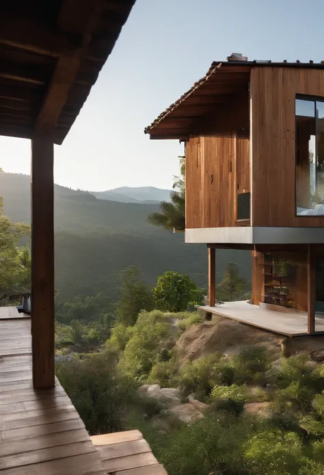 A rustic home nestled in the mountains, built with walls of unprocessed tree logs and a roof of clay tiles. The house exudes a deep connection with the surrounding nature. Wooden logs display natural textures, and climbing plants gently hug the walls. The ...