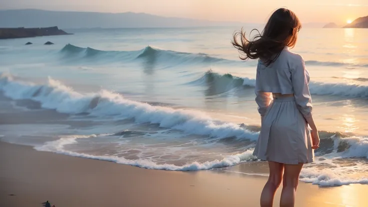 Girl standing in front of the sea,Breast size:1.2,FULL BODYSHOT，Telephoto Photography