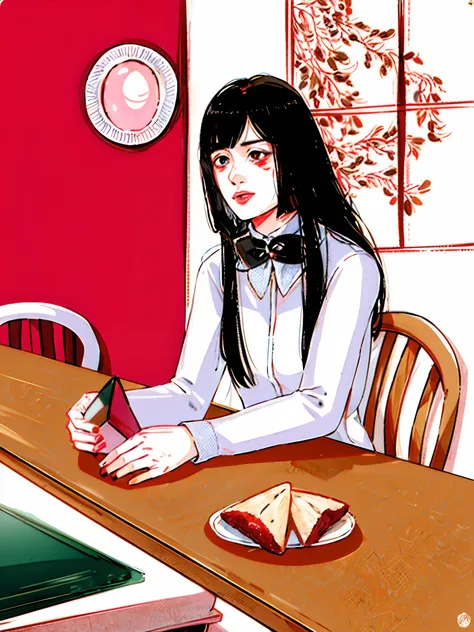 A woman sits at the table with a plate of food, inspired by Hannah Frank, In the style of Junji Ito, inspired by Yukimasa Ida, subtle junji ito, inspired by Junji Ito, style of junji ito, inspired by Uragami Gyokudō, style of junji ito, inspired by Miwa Ko...