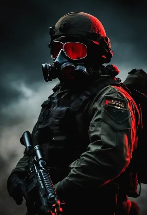 Retrato do complexo SCP do soldado Spec Ops, fundo escuro, uniforme preto, Gas mask, Tactical equipment, Lua vermelha no fundo, lua vermelha, Red Moon behind the character,