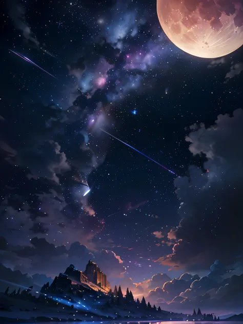 expansive landscape photograph , (a view from below that shows sky above and open field below), a girl standing on flower field looking up, (full moon:1.2), ( shooting stars:0.9), (nebula:1.3), distant mountain, tree BREAK
production art, (warm light sourc...