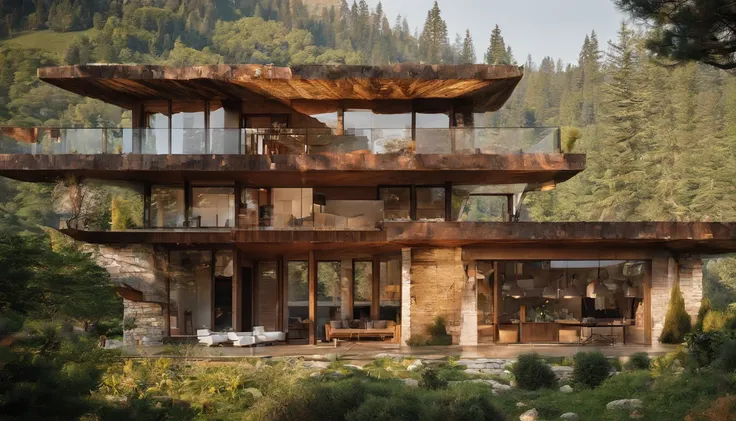 A rustic home nestled in the mountains, built with walls of unprocessed tree logs and a roof of clay tiles. The house exudes a deep connection with the surrounding nature. Wooden logs display natural textures, and climbing plants gently hug the walls. The ...