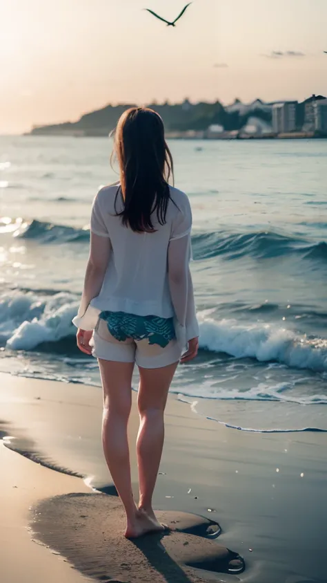 There is a woman standing on the beach looking at the water, girl looking at the ocean waves, standing beside the ocean, standing at the beach, at sea, in beach, back - shot, on the ocean water, standing near the beach, facing away from camera, backshots, ...