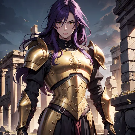 Ultra High Definition,
Ultra High Quality,
Hyper Definition,
Hyper Quality,
Hyper Detailed,
Extremely Detailed,
Perfectly Detailed,
Masterpiece,
8k,
1 Boy,
Anime,
Long Purple Hair,
Under Cut Hairstyle,
Solid Yellow Eyes,
Handsome,
Armored With Roman Empero...