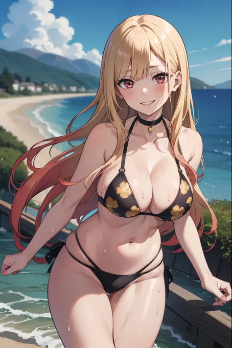 wallpaper, detailed face, pov, (kitagawa marin, smile, red peal eyes, fair skin, ash blonde hair, sorrel hair, long hair, bangs over one eye, cleavage, large breasts, floral pattern black bikini, sweat), belly shot, gravel road in a fishing village, hair b...