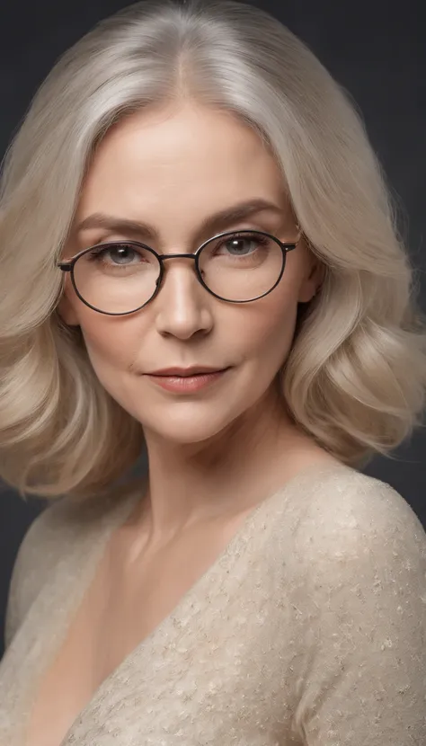 ((60+ year-old)), (beautiful, elegant, graceful, wise, kind, weathered and well-defined facial features, agelines, wrinkles in face) Caucasian female model (stylish black-rimmed glasses, eyes looking directly at the camera), silver-colored hair (in a volum...