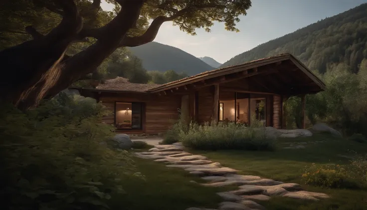 A rustic home nestled in the mountains, built with walls of unprocessed tree logs and a roof of clay tiles. The house exudes a deep connection with the surrounding nature. Wooden logs display natural textures, and climbing plants gently hug the walls. The ...