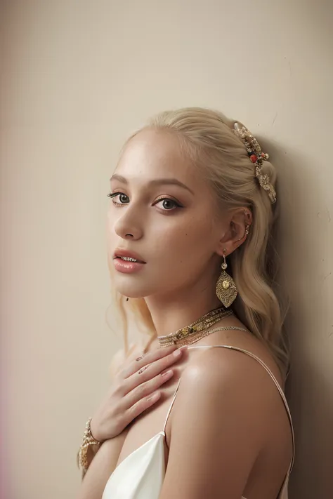 (Photo of a 21-year-old woman), (party dress、Fancy accessories、piercings) (0.7) (Ivory wall) by lee jeffries, Nikon D850, film stock photograph ,4 Kodak Portra 400 ,Camera F1.6 lens ,Rich colors ,Hyper realistic ,Lifelike texture, Dramatic Lighting , cines...