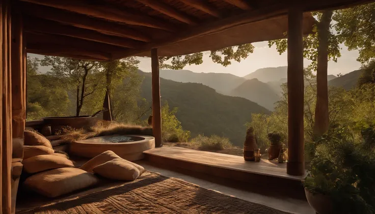 A rustic home nestled in the mountains, built with walls of unprocessed tree logs and a roof of clay tiles. The house exudes a deep connection with the surrounding nature. Wooden logs display natural textures, and climbing plants gently hug the walls. The ...