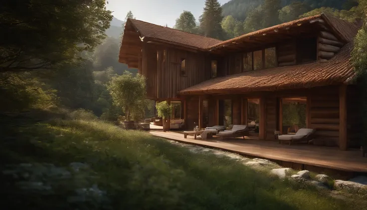 A rustic home nestled in the mountains, built with walls of unprocessed tree logs and a roof of clay tiles. The house exudes a deep connection with the surrounding nature. Wooden logs display natural textures, and climbing plants gently hug the walls. The ...