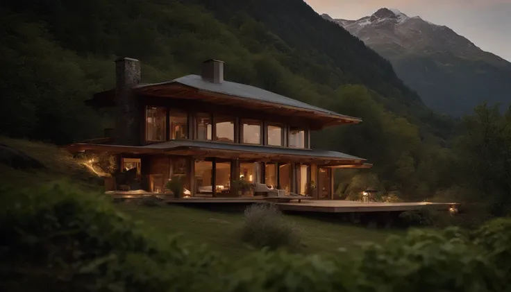 A rustic home nestled in the mountains, built with walls of unprocessed tree logs and a roof of clay tiles. The house exudes a deep connection with the surrounding nature. Wooden logs display natural textures, and climbing plants gently hug the walls. The ...