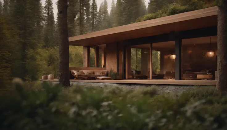 A rustic home nestled in the mountains, built with walls of unprocessed tree logs and a roof of clay tiles. The house exudes a deep connection with the surrounding nature. Wooden logs display natural textures, and climbing plants gently hug the walls. The ...