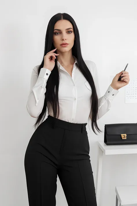 white businesswoman with long black hair, Wearing Versace high-waisted blouse and pants, olhos castanhos, olhar sexy, em um escritorio arquitetado por Renata Coppola, mexendo no notebook, Striking creative archetypal businesswoman poses