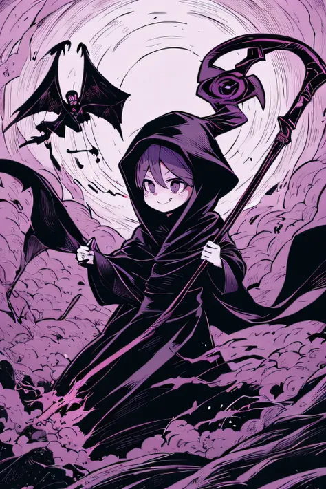 Cute Grim Reaper with a Scythe、bones、bones、bones、Purple Flame、cute little、Bat