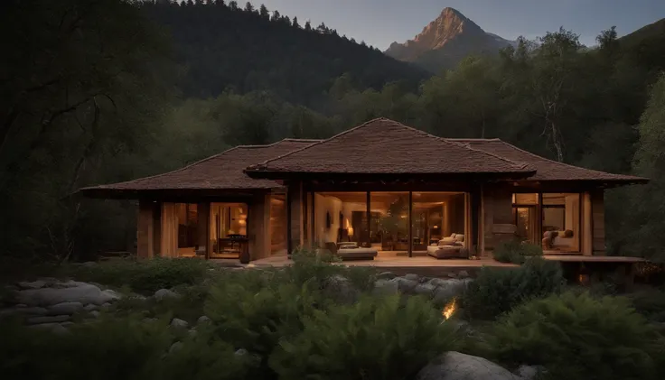 A rustic home nestled in the mountains, built with walls of unprocessed tree logs and a roof of clay tiles. The house exudes a deep connection with the surrounding nature. Wooden logs display natural textures, and climbing plants gently hug the walls. The ...