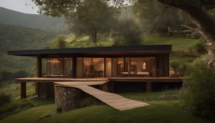 A rustic home nestled in the mountains, built with walls of unprocessed tree logs and a roof of clay tiles. The house exudes a deep connection with the surrounding nature. Wooden logs display natural textures, and climbing plants gently hug the walls. The ...