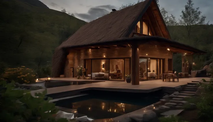 A rustic home nestled in the mountains, built with walls of unprocessed tree logs and a roof of clay tiles. The house exudes a deep connection with the surrounding nature. Wooden logs display natural textures, and climbing plants gently hug the walls. The ...