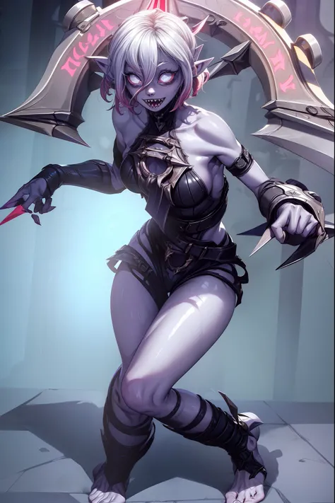 (masterpiece, best quality, ultra-detailed), 1girl, BriarLoL, grey skin, white hair, short hair, (pointy ears, sharp teeth), looking at viewer, standing, full body, bat wings, standing