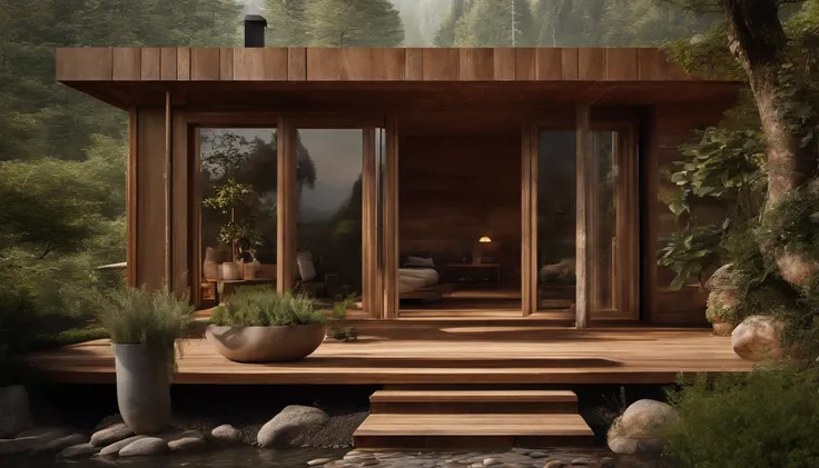 A rustic home nestled in the mountains, built with walls of unprocessed tree logs and a roof of clay tiles. The house exudes a deep connection with the surrounding nature. Wooden logs display natural textures, and climbing plants gently hug the walls. The ...