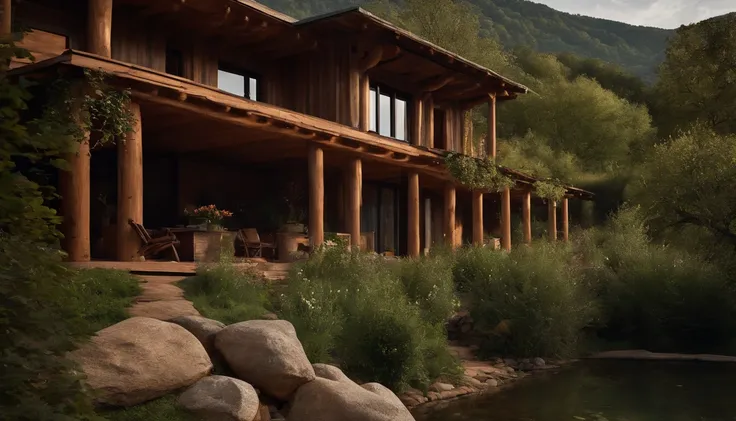 A rustic home nestled in the mountains, built with walls of unprocessed tree logs and a roof of clay tiles. The house exudes a deep connection with the surrounding nature. Wooden logs display natural textures, and climbing plants gently hug the walls. The ...