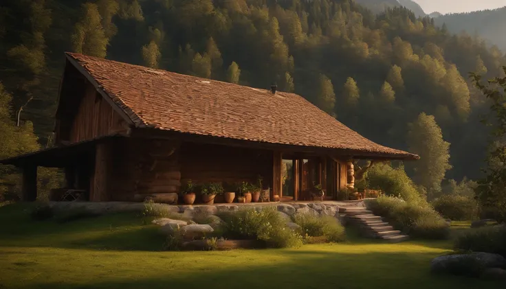 A rustic home nestled in the mountains, built with walls of unprocessed tree logs and a roof of clay tiles. The house exudes a deep connection with the surrounding nature. Wooden logs display natural textures, and climbing plants gently hug the walls. The ...