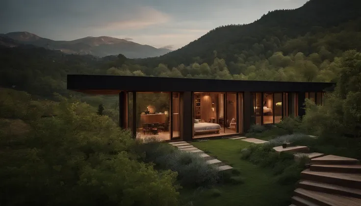 A rustic home nestled in the mountains, built with walls of unprocessed tree logs and a roof of clay tiles. The house exudes a deep connection with the surrounding nature. Wooden logs display natural textures, and climbing plants gently hug the walls. The ...