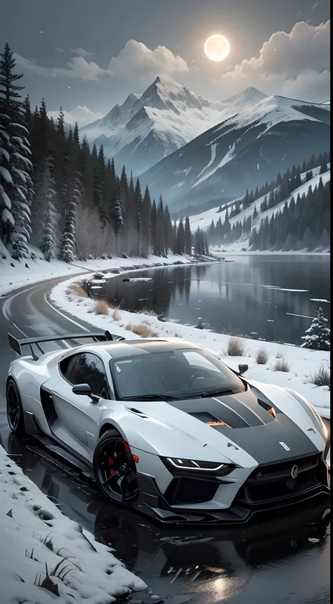 a futuristic car driving in iced lake, snow flokes falling, the car is white and black, there is a full moon in the sky, the image is cinematic, the image pass a velocity and speed sense, the car is cool,the image is a award winner, the image colors are vi...