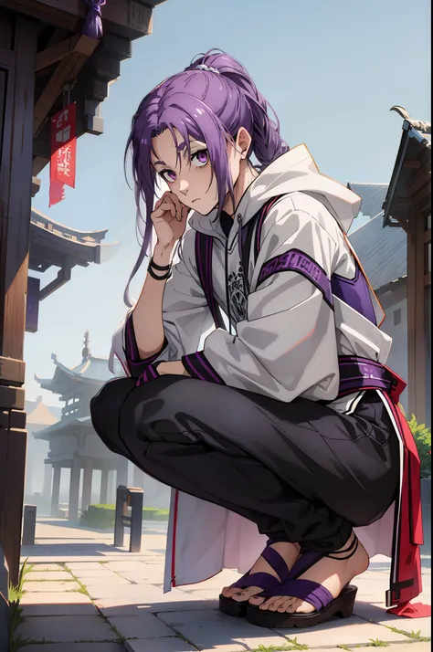 Young man with lilac-gray hair. His left eye is obscured by his hair bangs、The hair on the other side is braided from a bob.