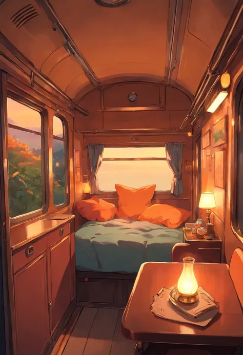 A Cozy room inside a train, comfy bed, window and its night time outside, dim orange light, dark outside, very cozy room inside the train.