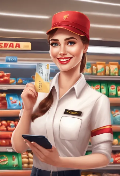 A happy young woman in a uniform and a cap holding a credit card in one hand and a tablet in the other, engaging with an audience in a supermarket