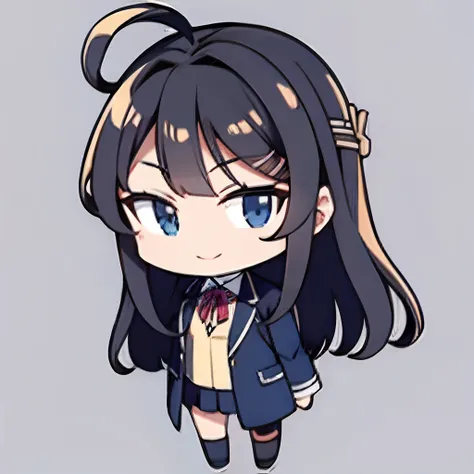 超A high resolution, Uniforme escolar, best aesthetic, High quality representation of the foot, put on a jacket, avatar plano,  Visuais de anime de garotas fofas, Belo estilo de arte, Chibi, Ahoge, is shy, um sorriso,desenho em papel,  fundo simples, Fechad...