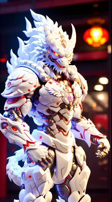 chinese dragon, white dragon head, heterochromia eye, crystal heavy armor, transparant, muscle body.