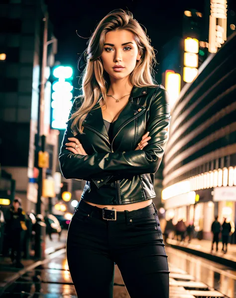 Photo of natlp as a beautiful female model, Georgia Fowler, beautifull face, With short dark brown hair, In Cyberpunk City at night. Wearing a leather jacket, Black Jeans, dramatic lighting, (Police Badge:1.2)