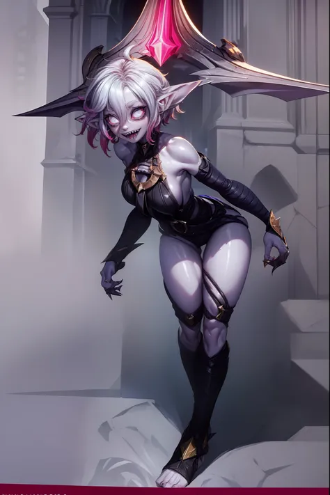 (masterpiece, best quality, ultra-detailed), 1girl, BriarLoL, grey skin, white hair, short hair, (pointy ears, sharp teeth), looking at viewer, standing, full body, bat wings, standing