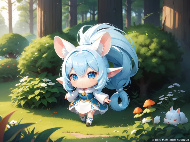 There are small white rabbits with carrots and long ears,  White long ears、Im with a girl with long blue hair and a chibi character。It is a cute costume in white and blue。Dark eyes。cute forest creature, Cute mushrooms also grow、Adorable Digital Painting, c...