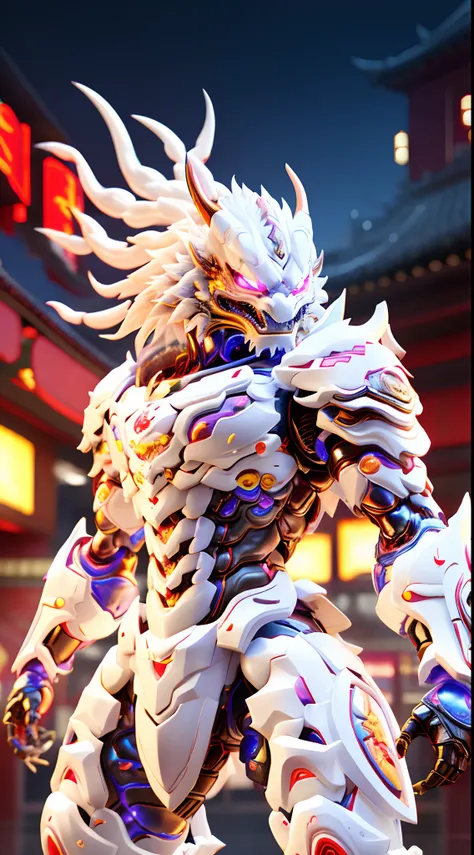 chinese dragon, white dragon head, rainbow colored, heterochromia eye, crystal heavy armor, transparant, muscle body.