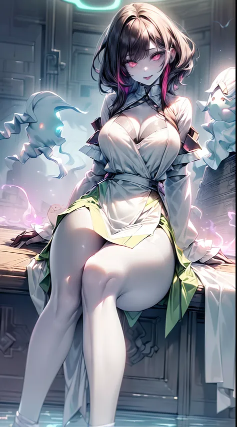 (ghosty:1.85) (doctor:1.5) (nurse:0.65) girl, (white doctor coat:1.4), (spirit, spiritual:1.2), 1girl, perfect and well designed glowing shiny eyes, (beautiful detailed eyes:1.05), natural medium breasts, slim body, beautiful and delicate cute face, (face ...